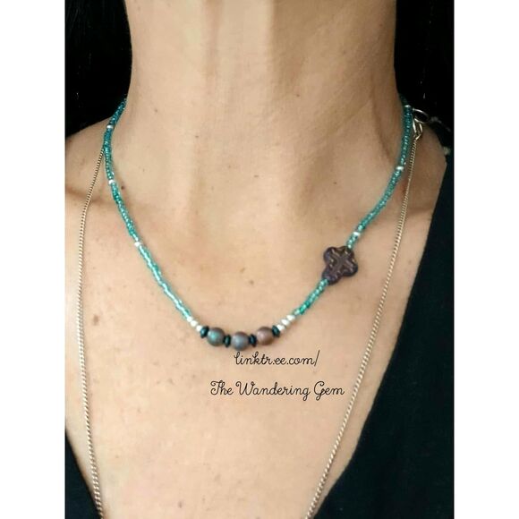 Dainty Plated Hematite Beaded Necklace, Minimalist Gemstone Jewelry, 16" - Picture 5 of 6